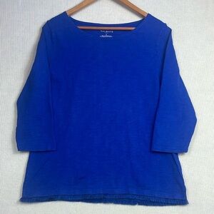 Talbots Bohemian Fringed Hem Women’s Size LARGE Blue Slub Cotton Tunic Top
